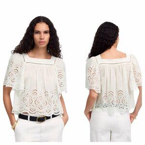 Madewell Womens Flutter-Sleeve Blouse White Sz XS Flowy Feminine Embroidered Top